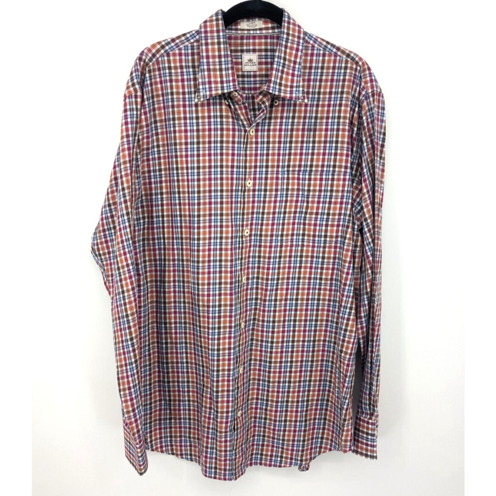 Peter Millar Shirt Mens Large Brown Colorful Plaid Long Sleeve Button Up Preppy